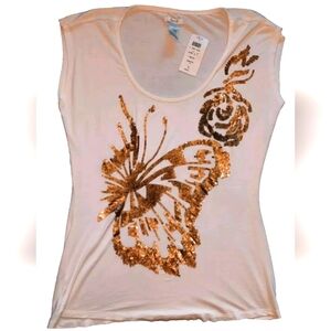 CACHE Sequence Butterfly Open Sleeve Blouse Beige Shirt Women's Size: S